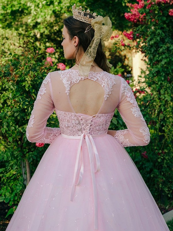 Tulle Lace Ball Gown Scoop Neck Long Sleeves Aline Wedding Dress
