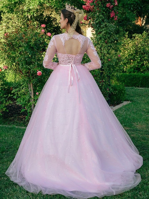 Tulle Lace Ball Gown Scoop Neck Long Sleeves Aline Wedding Dress