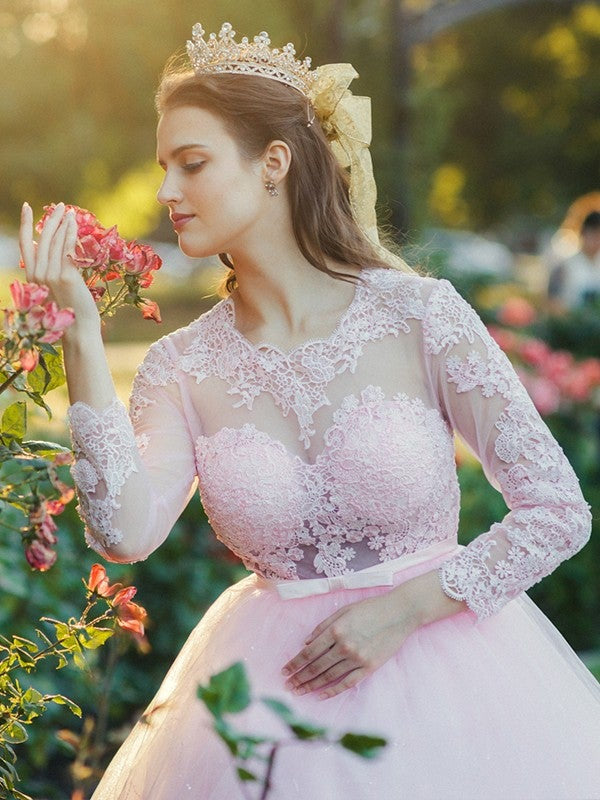 Tulle Lace Ball Gown Scoop Neck Long Sleeves Aline Wedding Dress
