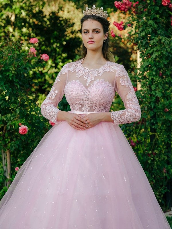 Tulle Lace Ball Gown Scoop Neck Long Sleeves Aline Wedding Dress