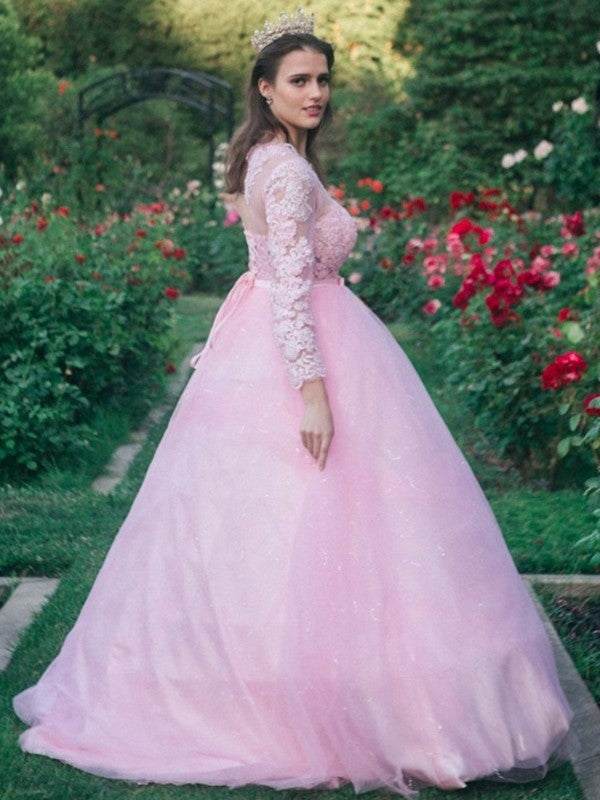 Tulle Lace Ball Gown Scoop Neck Long Sleeves Aline Wedding Dress