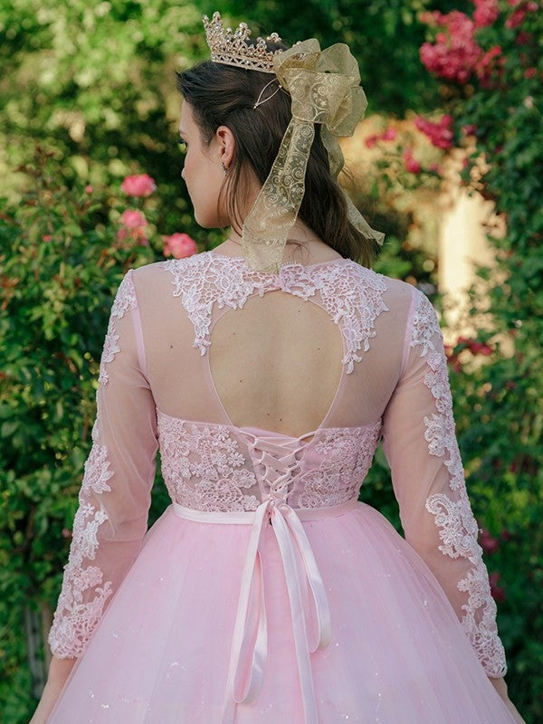 Tulle Lace Ball Gown Scoop Neck Long Sleeves Aline Wedding Dress