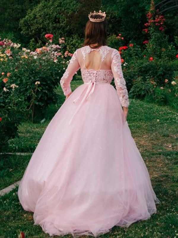 Tulle Lace Ball Gown Scoop Neck Long Sleeves Aline Wedding Dress