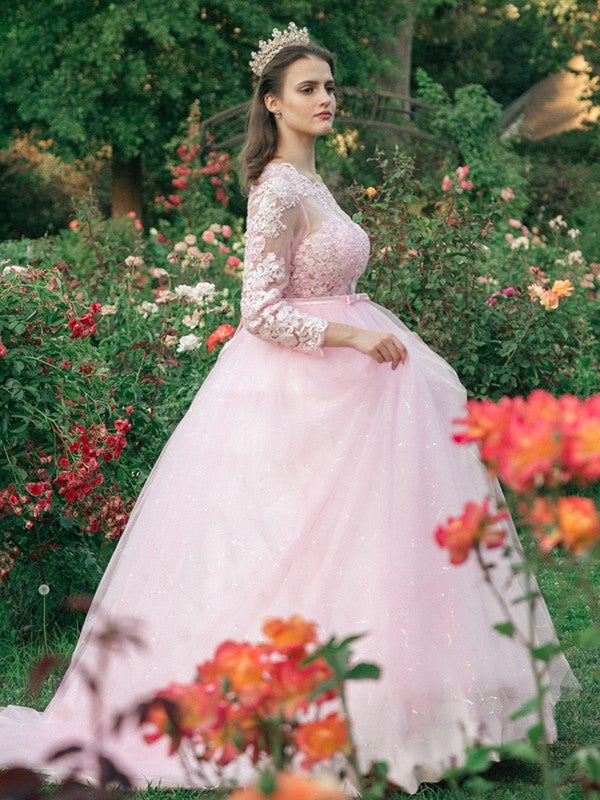 Tulle Lace Ball Gown Scoop Neck Long Sleeves Aline Wedding Dress
