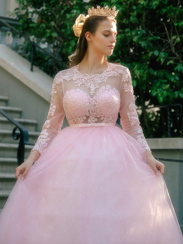 Tulle Lace Ball Gown Scoop Neck Long Sleeves Aline Wedding Dress