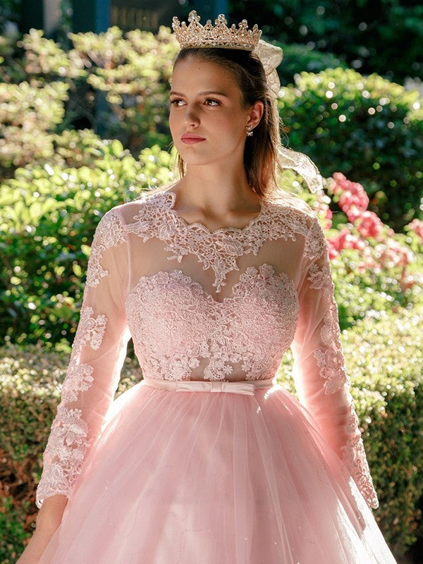 Tulle Lace Ball Gown Scoop Neck Long Sleeves Aline Wedding Dress