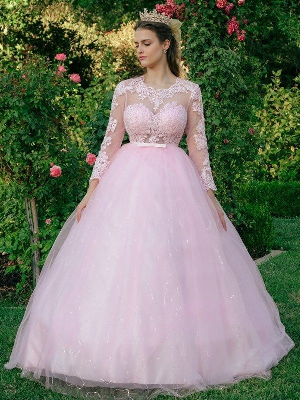 Tulle Lace Ball Gown Scoop Neck Long Sleeves Aline Wedding Dress