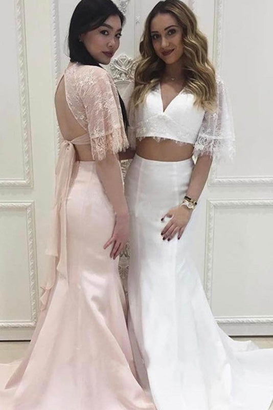 Two Beach with Lace 2 Piece Mermaid V Neck Wedding Dress