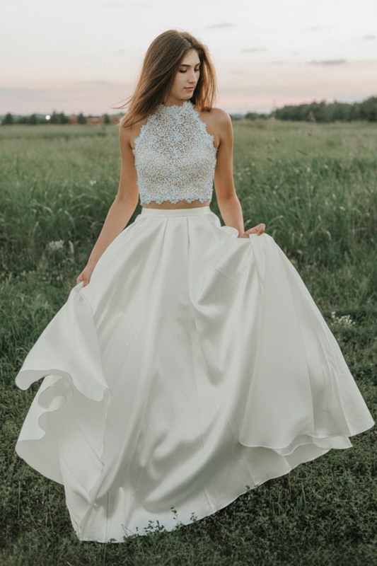 Two-Piece Lace Wedding Dress with Halter Top Modern Bridal Dress