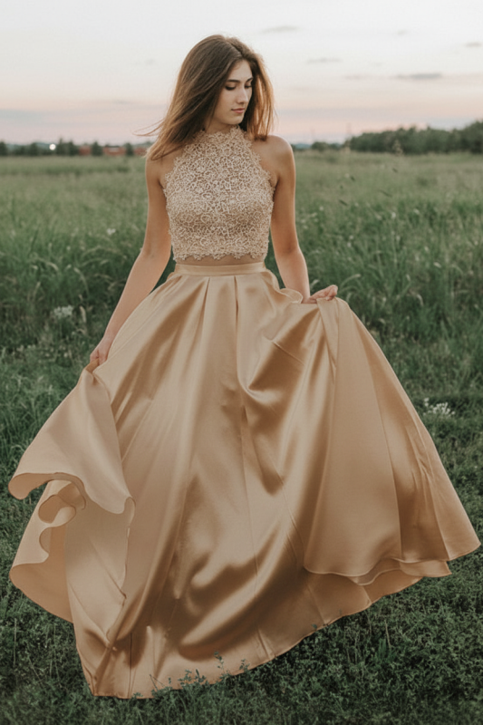 Two-Piece Lace Wedding Dress with Halter Top Modern Bridal Dress