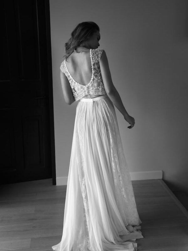 Two Piece Sweetheart Low Back Pearls Beading A-Line Wedding Dresses