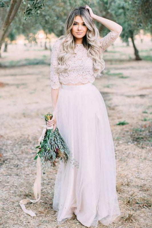Two Piece Tulle Floor Length Lace Rustic Wedding Dress with Sleeves