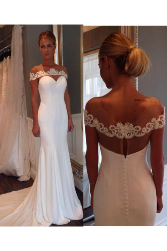 Unique Sheer Neck Lace Mermaid Wedding Dress