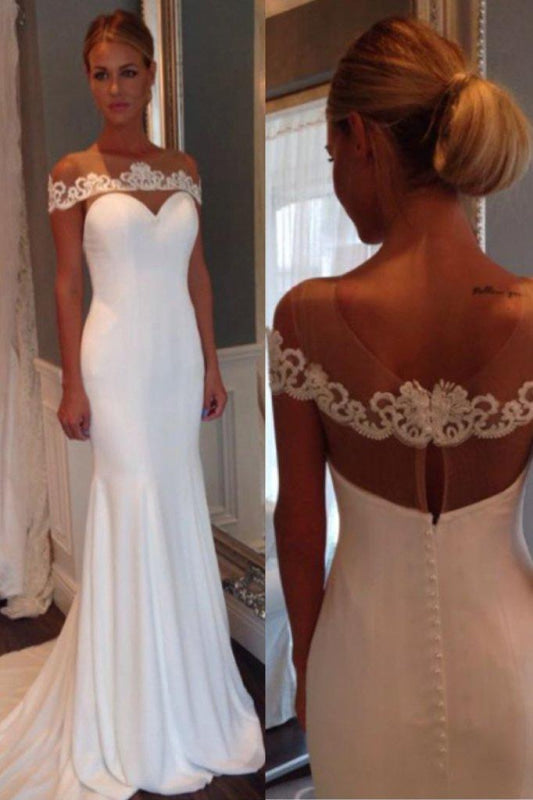 Unique Sheer Neck Lace Mermaid Wedding Dress