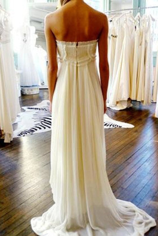 Unique Strapless Sweep Train Zipper Natural Ivory Ruffles Beach Wedding Dress