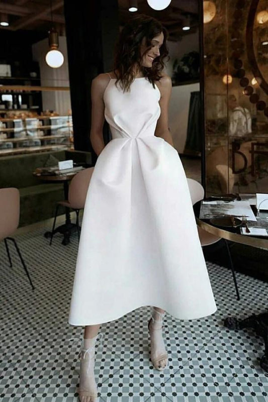 Unique Tea Length Satin Party Spaghetti Straps Backless Prom Dress