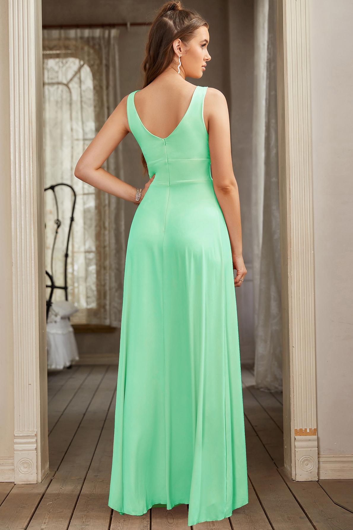 Deep V Neck Light Blue Long Prom Simple Flowy Bridesmaid Dresses