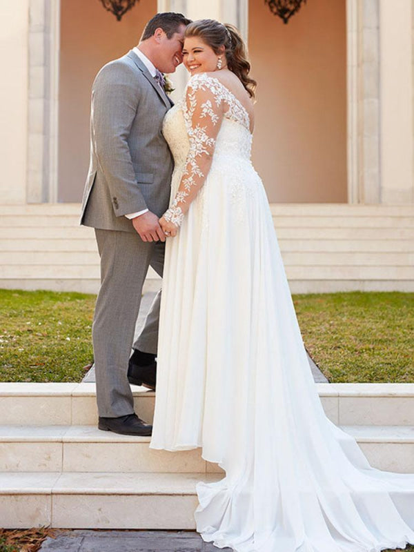 V Neck Appliques Lace Long Sleeve A Line Wedding Dresses