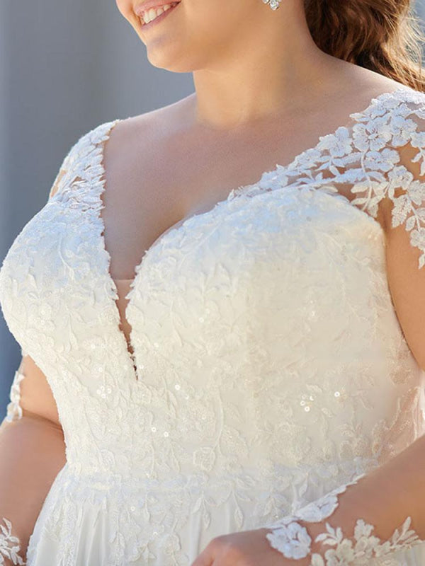V Neck Appliques Lace Long Sleeve A Line Wedding Dresses