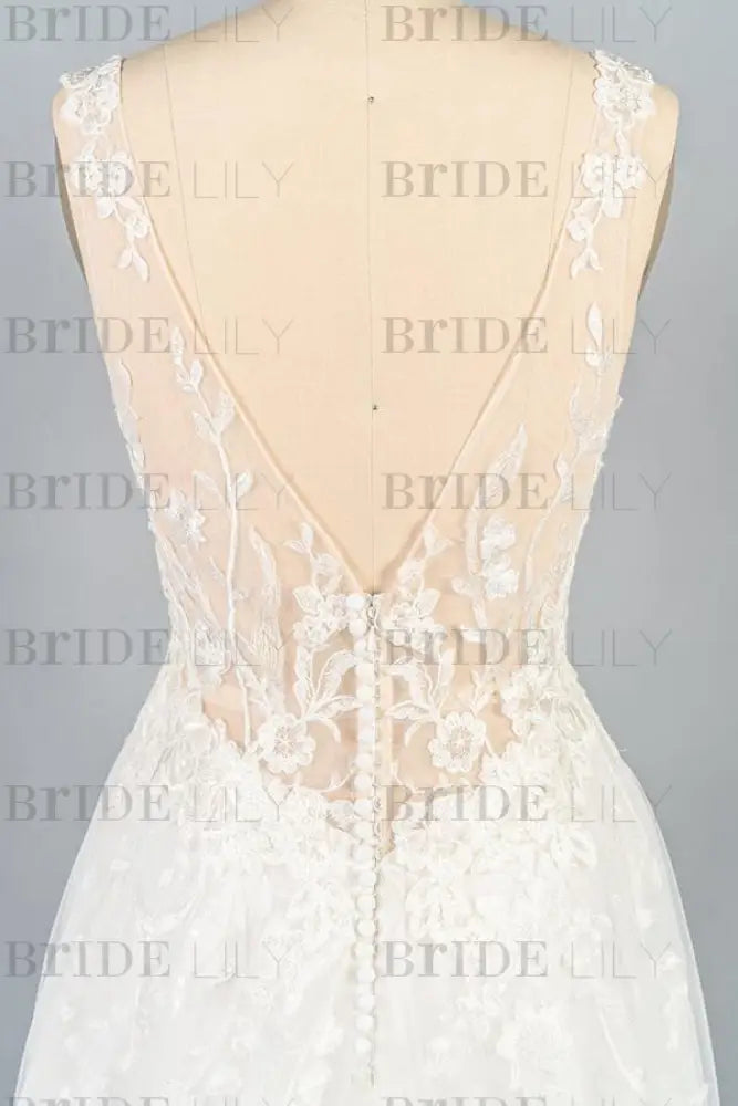 V-neck Appliques Tulle A-line Wedding Dress