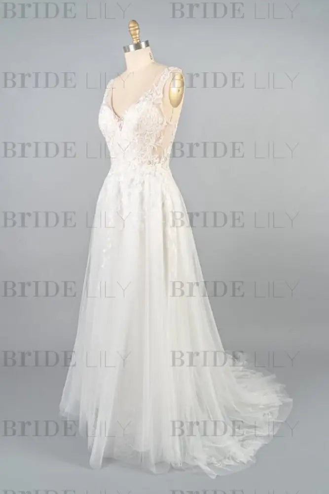 V-neck Appliques Tulle A-line Wedding Dress