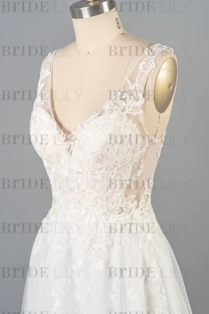 V-neck Appliques Tulle A-line Wedding Dress