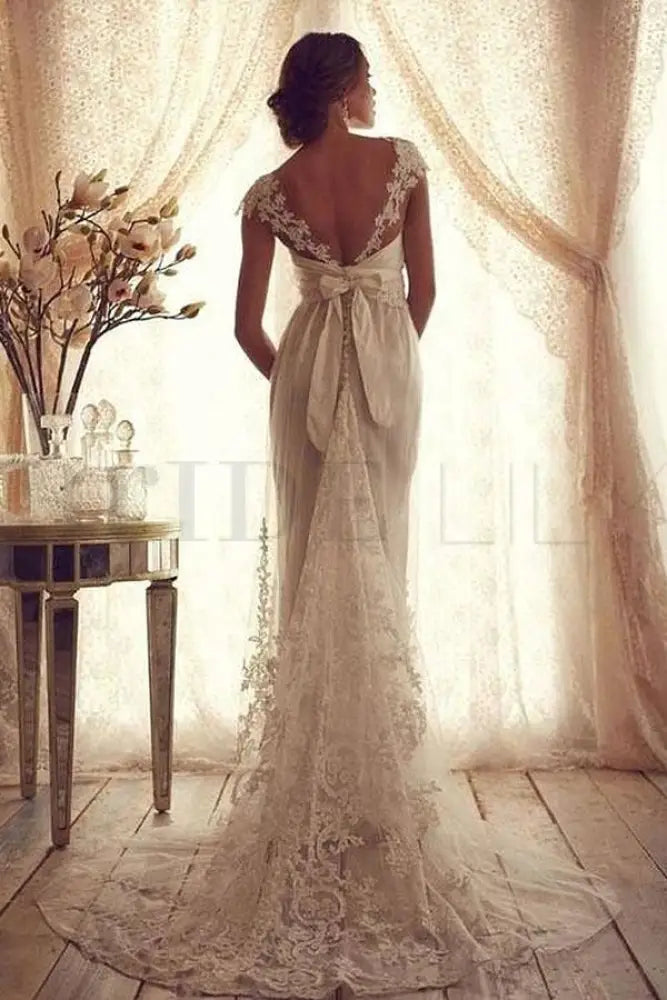 V Neck Backless Boho Wedding Dresses Cap Sleeves Lace Bridal Dress