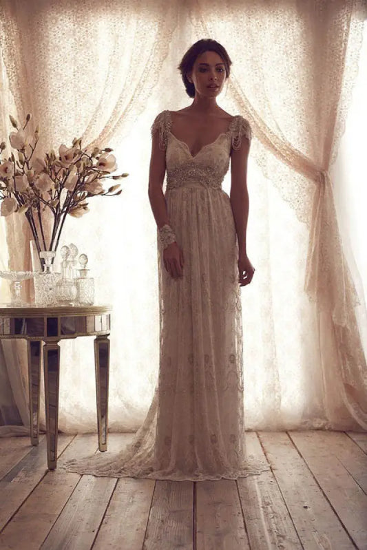 V Neck Backless Boho Wedding Dresses Cap Sleeves Lace Bridal Dress