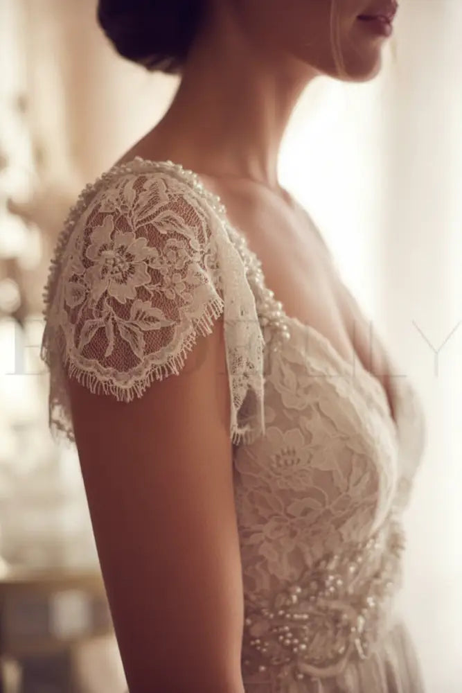 V Neck Backless Boho Wedding Dresses Cap Sleeves Lace Bridal Dress