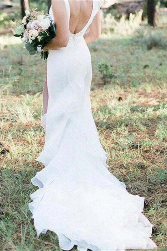 V Neck Backless Mermaid White Long Simple Wedding Dress