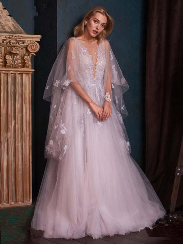 V-Neck Backless Tulle Ruffles Wedding Dresses