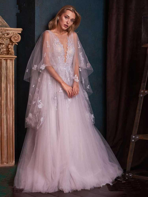 V-Neck Backless Tulle Ruffles Wedding Dresses
