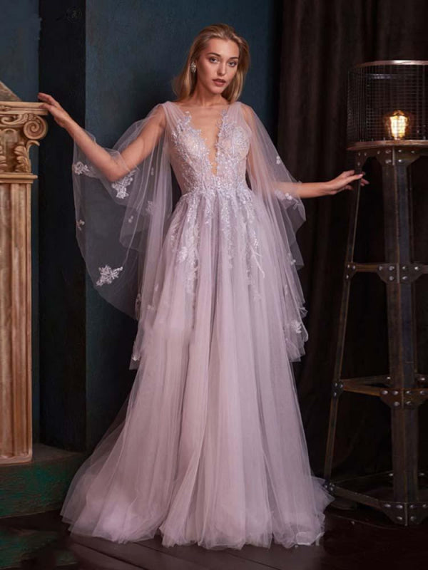 V-Neck Backless Tulle Ruffles Wedding Dresses