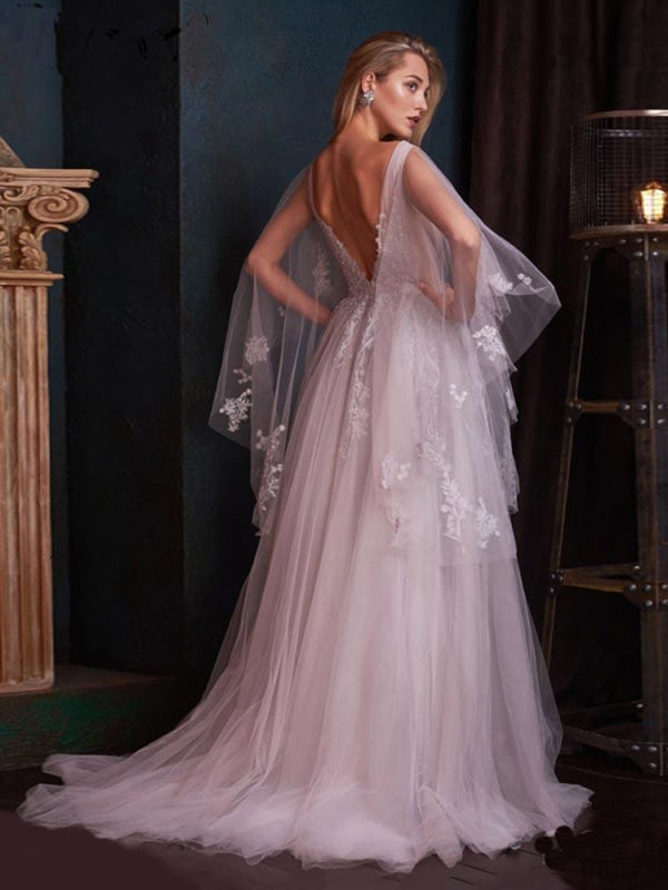V-Neck Backless Tulle Ruffles Wedding Dresses