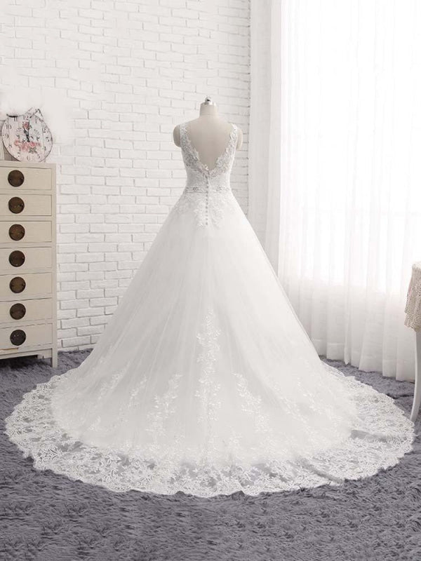 V-Neck Beaded Backless Lace A-Line Wedding Dresses