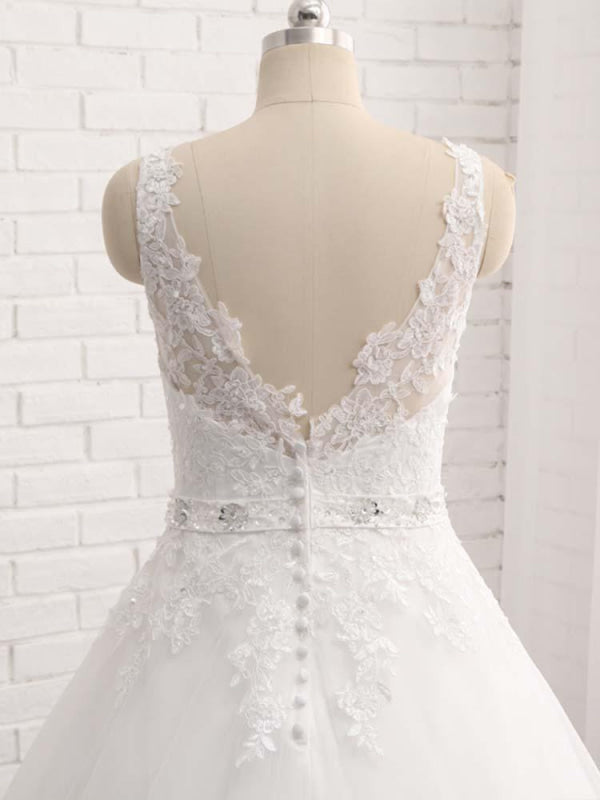 V-Neck Beaded Backless Lace A-Line Wedding Dresses