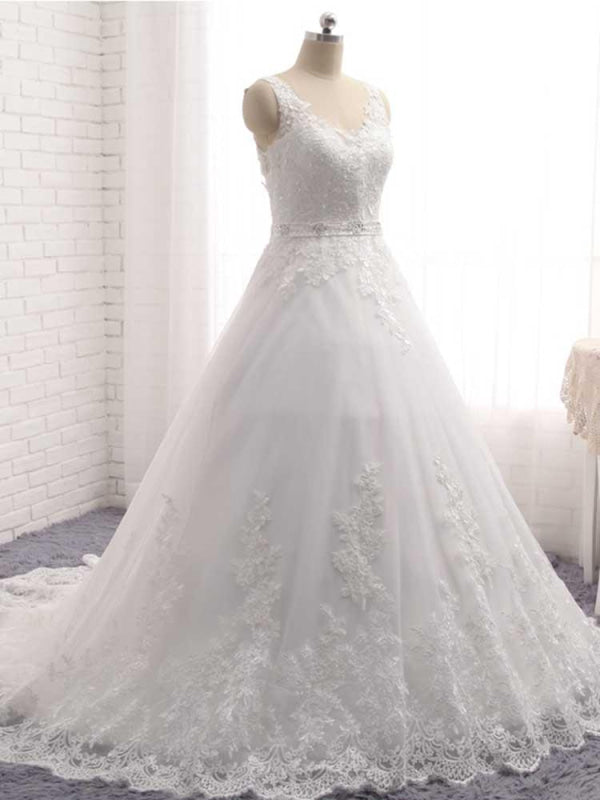 V-Neck Beaded Backless Lace A-Line Wedding Dresses