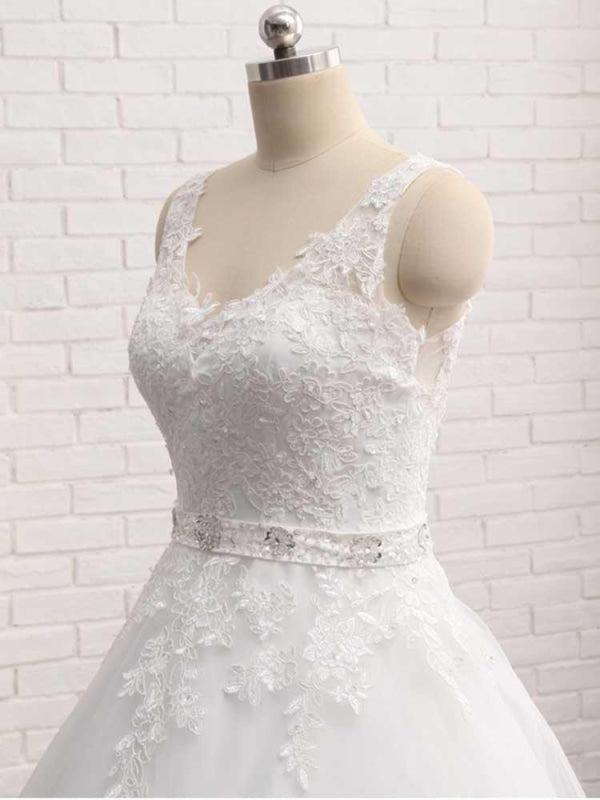 V-Neck Beaded Backless Lace A-Line Wedding Dresses