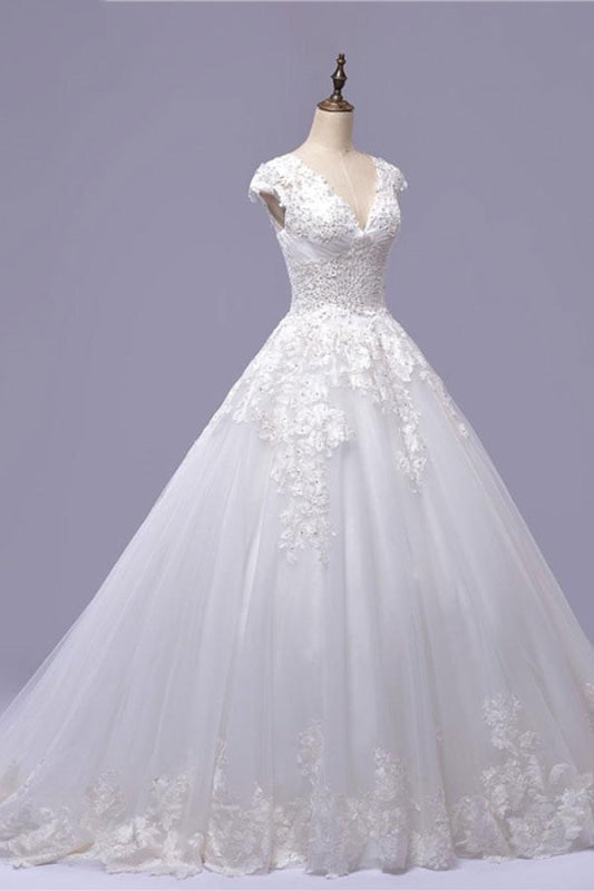 V-Neck Cap Sleeve Lace-up Tulle Wedding Dress