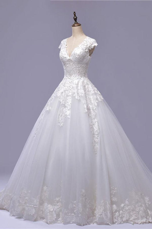 V-Neck Cap Sleeve Lace-up Tulle Wedding Dress