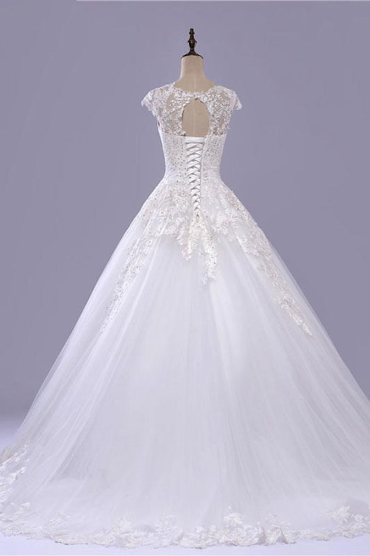 V-Neck Cap Sleeve Lace-up Tulle Wedding Dress