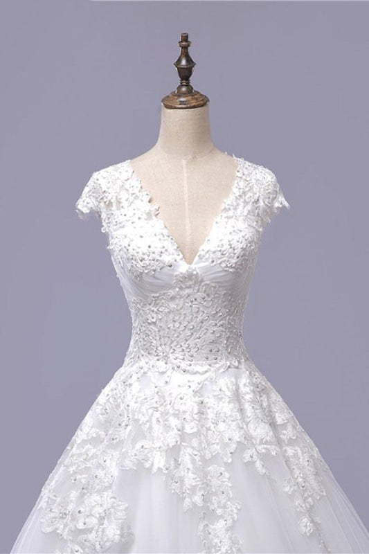 V-Neck Cap Sleeve Lace-up Tulle Wedding Dress
