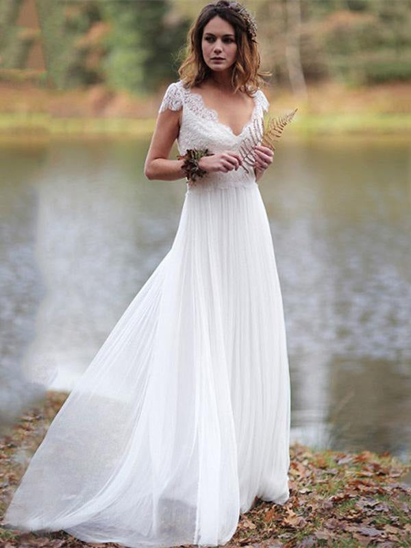 V-Neck Cap Sleeves Tulle Backless Boho Wedding Dresses