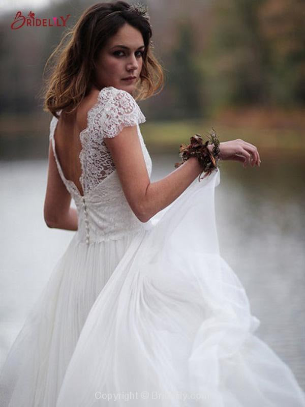 V-Neck Cap Sleeves Tulle Backless Boho Wedding Dresses