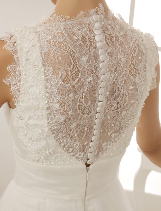 V-Neck Chapel Train Wedding Dress With Pearls Detailing