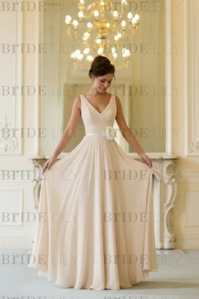 V-Neck Chiffon Beach Wedding Dress with Flowers Boho Bridal Dress