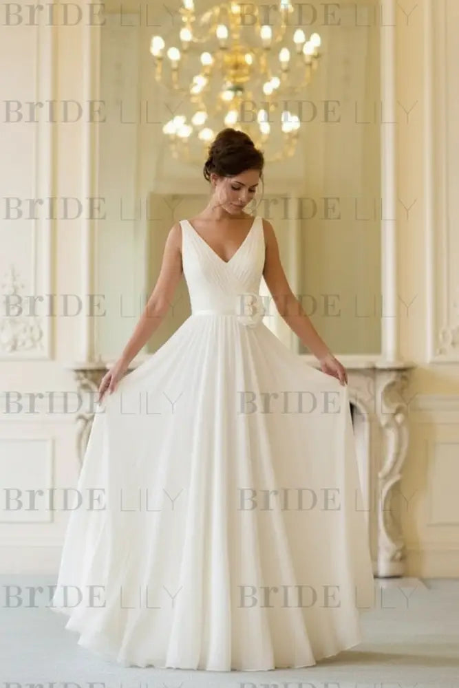 V-Neck Chiffon Beach Wedding Dress with Flowers Boho Bridal Dress