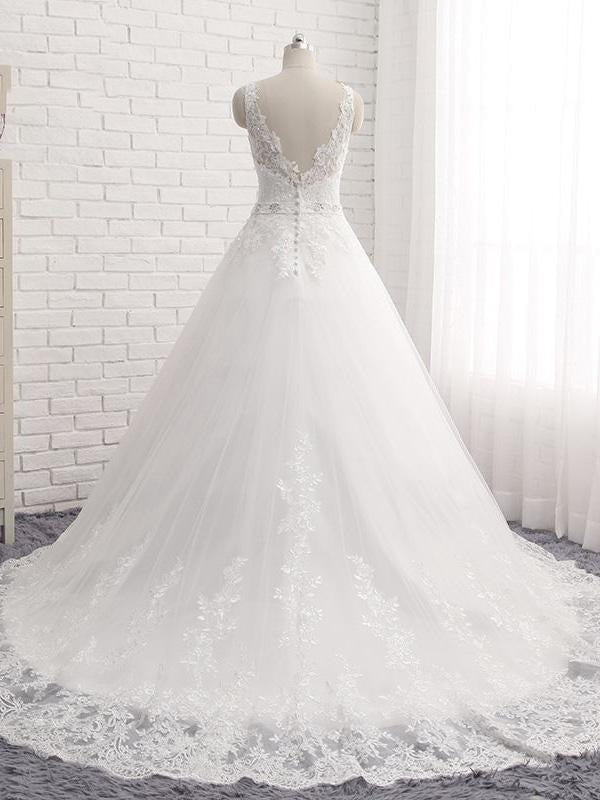 V-Neck Covered Button Ball Gown Wedding Dresses