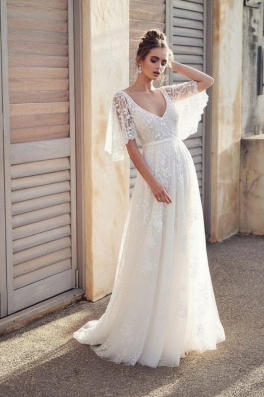 V Neck Half Sleeve Lace Boho Wedding Dresses