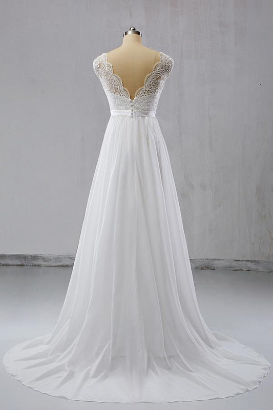 V-neck Lace Chiffon Flowy A-line Wedding Dress